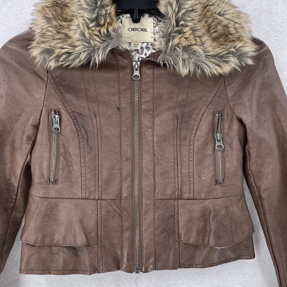 Girls Brown Cherokee Faux Leather Jacket With Faux Fur Trim Kids‎ Small - Picture 5 of 9